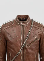 Handmade Brown Studded Leather Biker Jacket for Men Spiked Punk Rockstar Moto Style with Chain Detailing - Image 2
