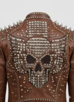 Handmade Brown Studded Leather Biker Jacket for Men Spiked Punk Rockstar Moto Style with Chain Detailing - Image 3