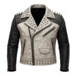 Handmade Studded Cowhide Leather Biker Jacket Punk Moto Jacket