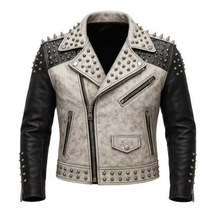Handmade Studded Cowhide Leather Biker Jacket Punk Moto Jacket