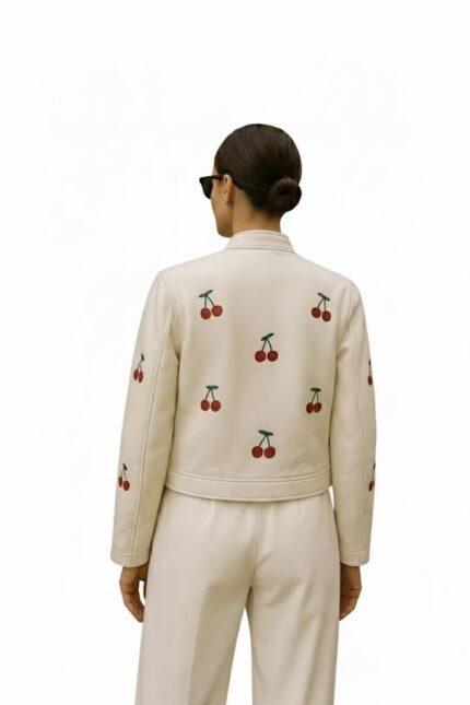 Cropped White Leather Biker Jacket Cherry Embroidery Motorcycle Coat