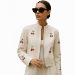 Cropped White Leather Biker Jacket Cherry Embroidery Motorcycle Coat