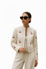 Cropped White Leather Biker Jacket Cherry Embroidery Motorcycle Coat
