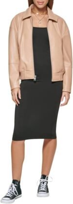 womens Faux Leather Bomber With Laydown Collar - Image 2