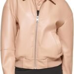 womens Faux Leather Bomber With Laydown Collar