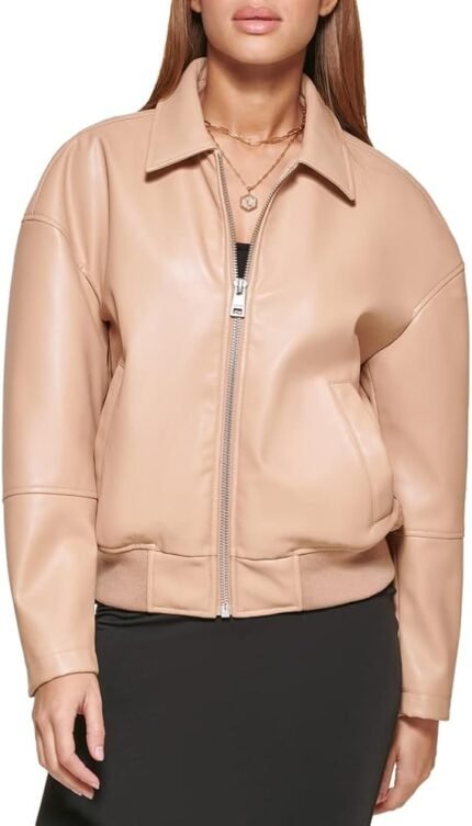 womens Faux Leather Bomber With Laydown Collar