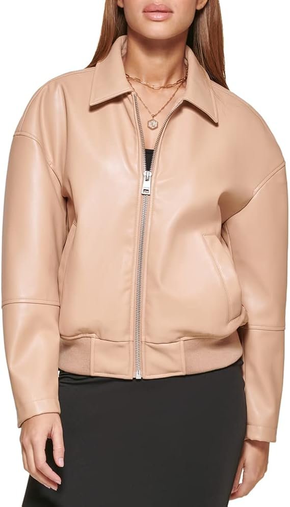 womens Faux Leather Bomber With Laydown Collar womens Faux Leather Bomber With Laydown Collar