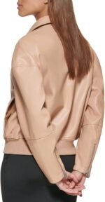 womens Faux Leather Bomber With Laydown Collar