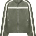Women's Grey Faux Leather Racer Jacket with White Stripe