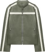 Women's Grey Faux Leather Racer Jacket with White Stripe