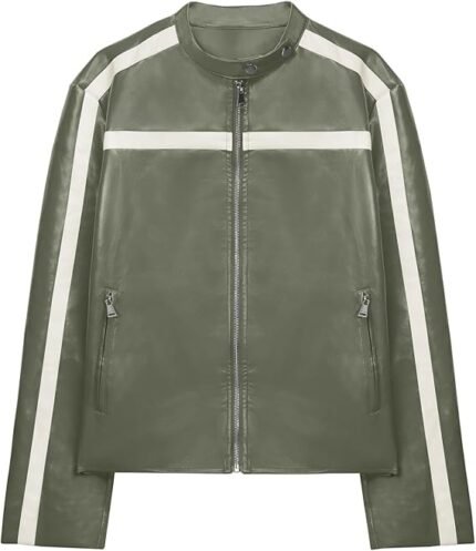 Women's Grey Faux Leather Racer Jacket with White Stripe