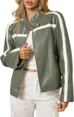 Women's Grey Faux Leather Racer Jacket with White Stripe - Image 2