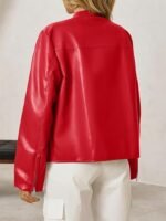 Women's Red Faux Leather Racer Jacket with White Stripe