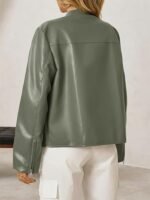 Women's Grey Faux Leather Racer Jacket with White Stripe