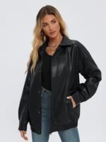 Chic Black Faux Leather Blouson Jacket with Snap Buttons - Image 2