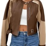 Women's Brown Colorblock Faux Leather Moto Jacket Cropped Biker Style with Buckle Detail