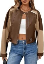 Women's Brown Colorblock Faux Leather Moto Jacket Cropped Biker Style with Buckle Detail