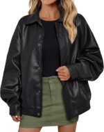 Chic Black Faux Leather Blouson Jacket with Snap Buttons