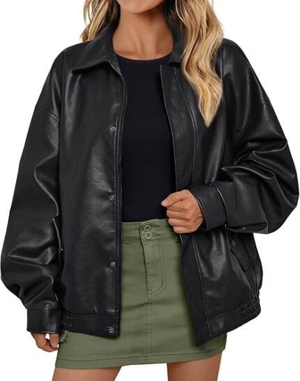 Chic Black Faux Leather Blouson Jacket with Snap Buttons