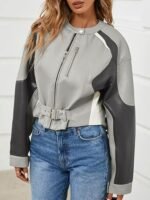 Women's Grey and Black Colorblock Faux Leather Moto Jacket Cropped Biker Style with Buckle Detail - Image 2