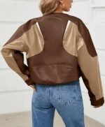 Women's Brown Colorblock Faux Leather Moto Jacket Cropped Biker Style with Buckle Detail