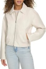 womens Faux Leather Bomber With Laydown Collar