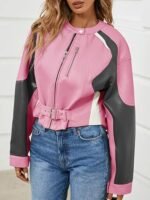 Women's Pink Colorblock Faux Leather Moto Jacket Cropped Biker Style with Buckle Detail - Image 3