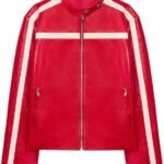 Women's Red Faux Leather Racer Jacket with White Stripe
