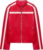 Women's Red Faux Leather Racer Jacket with White Stripe