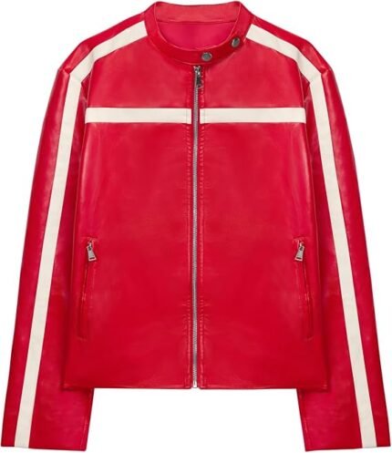 Women's Red Faux Leather Racer Jacket with White Stripe