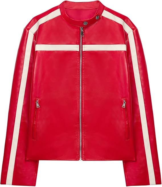 Women's Red Faux Leather Racer Jacket with White Stripe Women's Red Faux Leather Racer Jacket with White Stripe