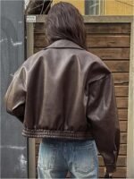 Women's Brown Faux Leather Cropped Bomber Jacket