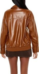 Women's Brown Faux Leather Bomber Jacket with Laydown Collar Classic ZipUp Style