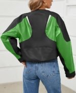 Women's Green Colorblock Faux Leather Moto Jacket Cropped Biker Style with Buckle Detail