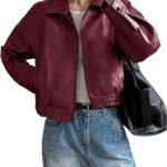 Women's Burgundy/Maroon Faux Leather Cropped Bomber Jacket
