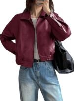 Women's Burgundy/Maroon Faux Leather Cropped Bomber Jacket