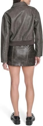 womens Faux Leather Bomber With Laydown Collar