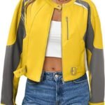 Women's Grey and Yellow Colorblock Faux Leather Moto Jacket Cropped Biker Style with Buckle Detail