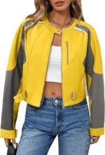 Women's Grey and Yellow Colorblock Faux Leather Moto Jacket Cropped Biker Style with Buckle Detail