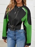 Women's Green Colorblock Faux Leather Moto Jacket Cropped Biker Style with Buckle Detail - Image 3