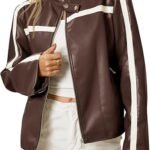 Women's Brown Faux Leather Racer Jacket with White Stripe