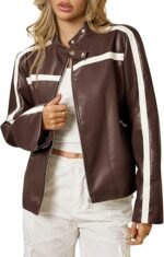 Women's Brown Faux Leather Racer Jacket with White Stripe