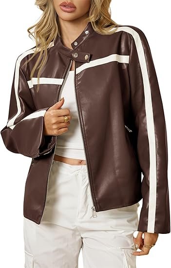 Women's Brown Faux Leather Racer Jacket with White Stripe