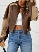 Women's Brown Colorblock Faux Leather Moto Jacket Cropped Biker Style with Buckle Detail - Image 2