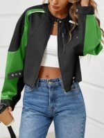 Women's Green Colorblock Faux Leather Moto Jacket Cropped Biker Style with Buckle Detail - Image 2