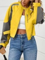 Women's Grey and Yellow Colorblock Faux Leather Moto Jacket Cropped Biker Style with Buckle Detail - Image 2