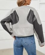 Women's Grey and Black Colorblock Faux Leather Moto Jacket Cropped Biker Style with Buckle Detail