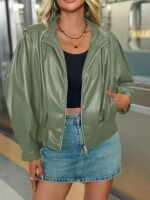 Sage Green Faux Leather Oversized Bomber Jacket - Image 2
