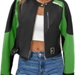 Women's Green Colorblock Faux Leather Moto Jacket Cropped Biker Style with Buckle Detail