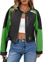Women's Green Colorblock Faux Leather Moto Jacket Cropped Biker Style with Buckle Detail